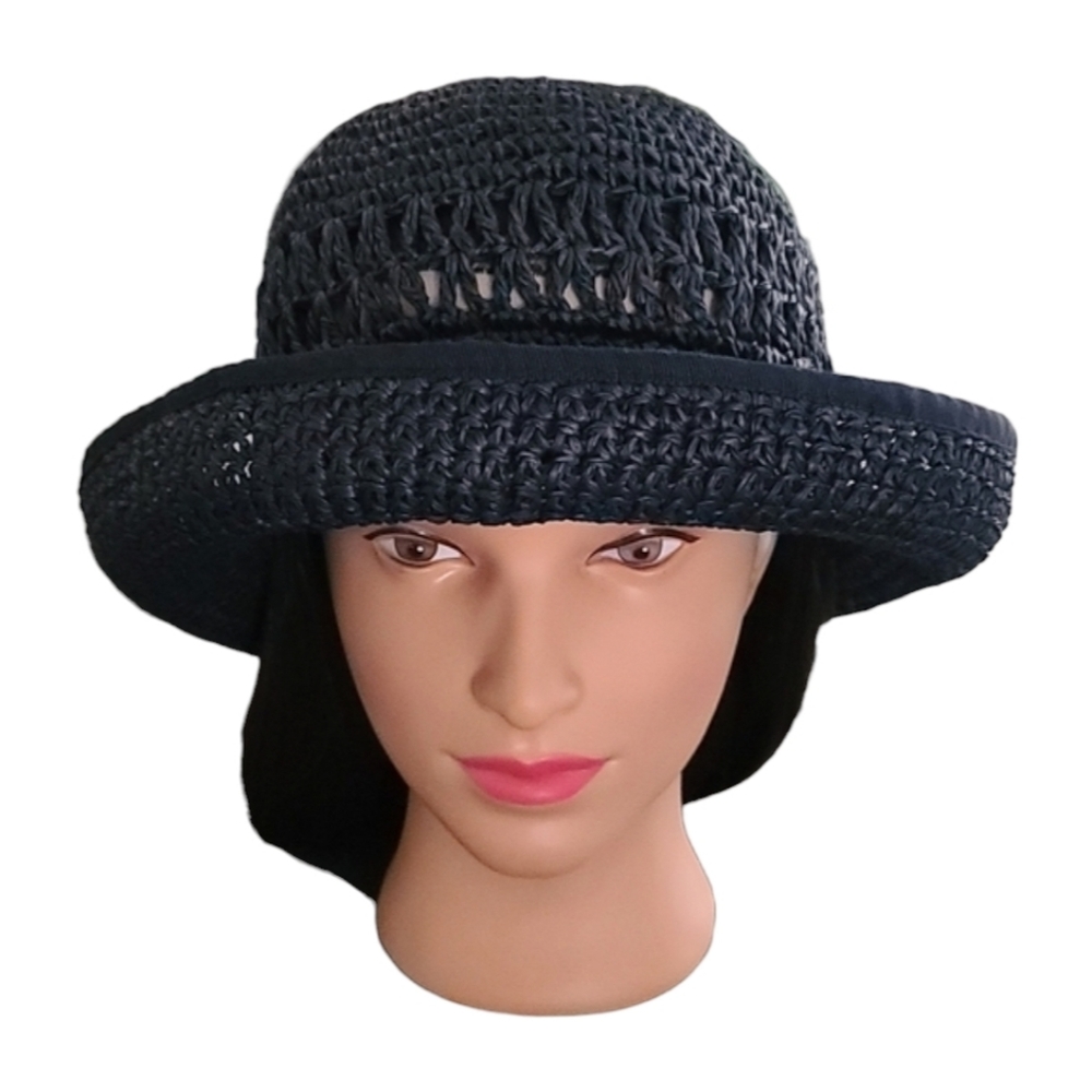 VINTAGE HAWAII Navy Blue Floppy Paper Hat Wide Brim Derby Packable Deadstock - Picture 14 of 15